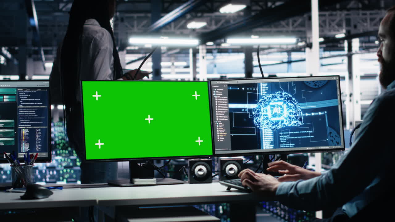 Server Room Technician Using Ai On Green Screen Pc