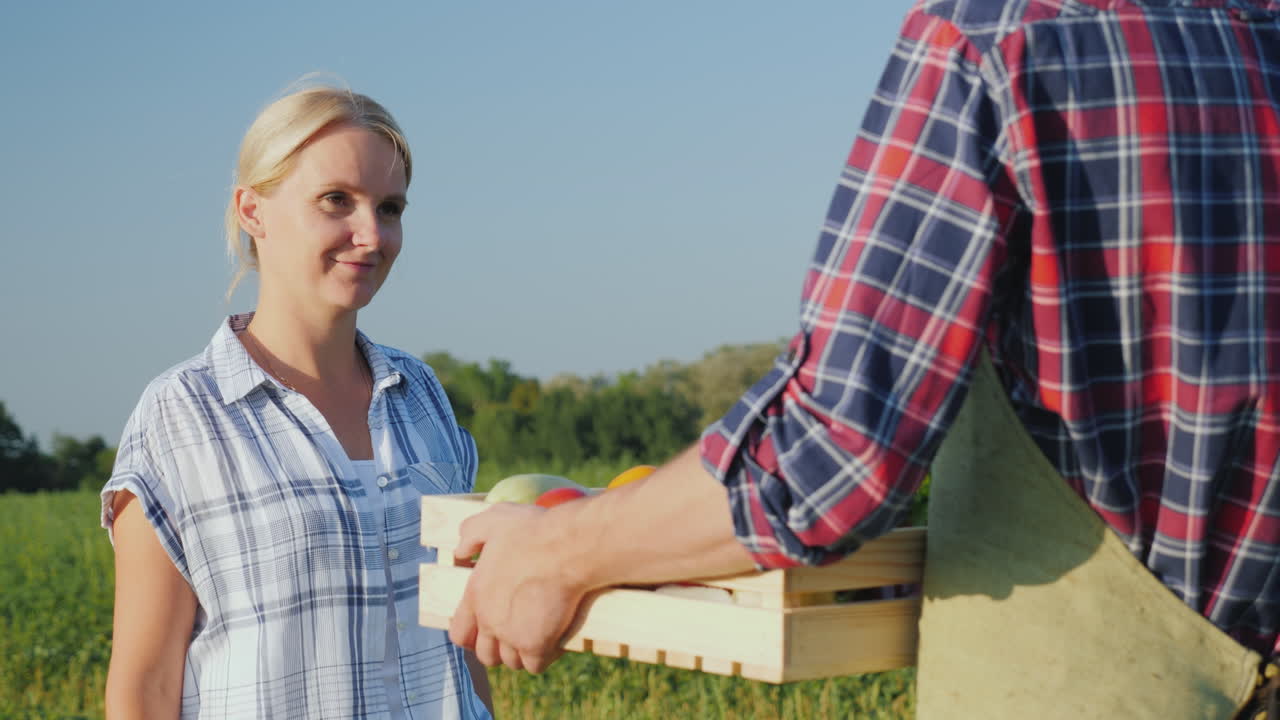 una mujer toma una caja de verduras de las manos del agricultor verduras frescas directamente del campo