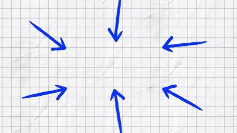 Animation-of-six-blue-arrows-pointing-inwards-on-white-squared-paper