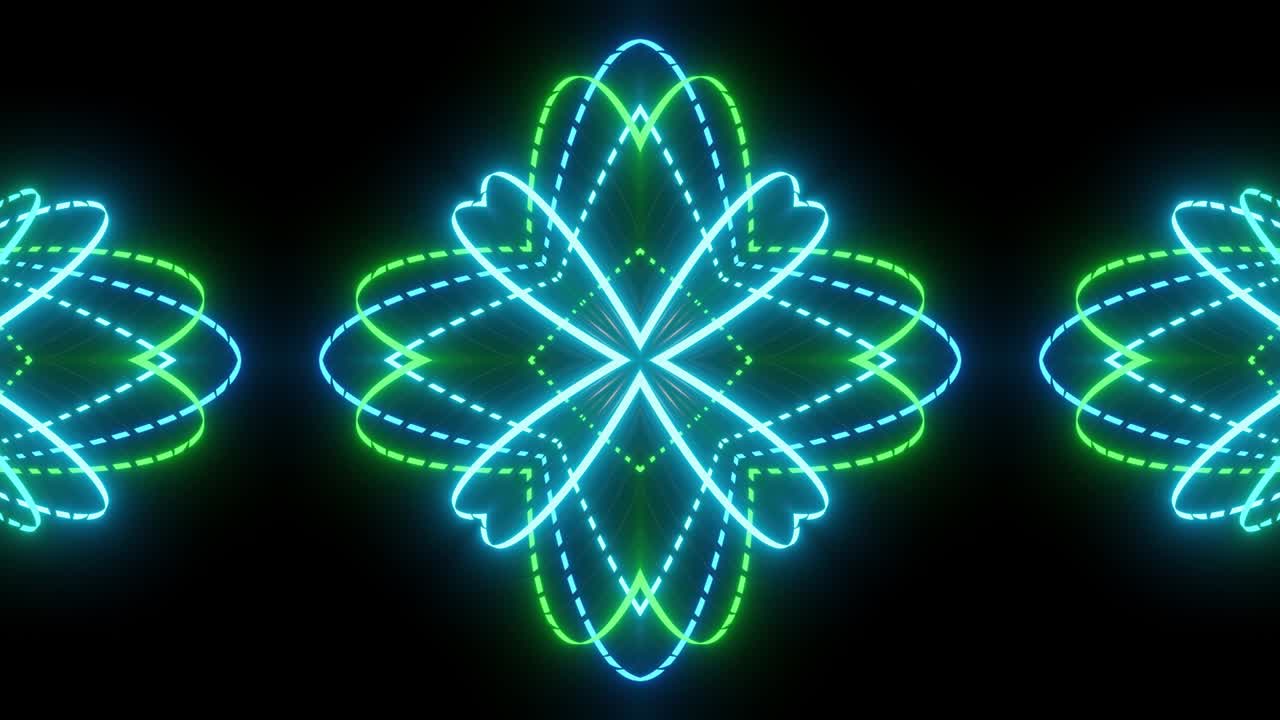 추상적인 대칭 구성, 3d 요소는 다채로운 네온 빛으로 전구처럼 빛납니다. 쇼 또는 이벤트, 전시회, 축제 또는 콘서트, 뮤직비디오, 야간 클럽을위한 dj 또는 vj.