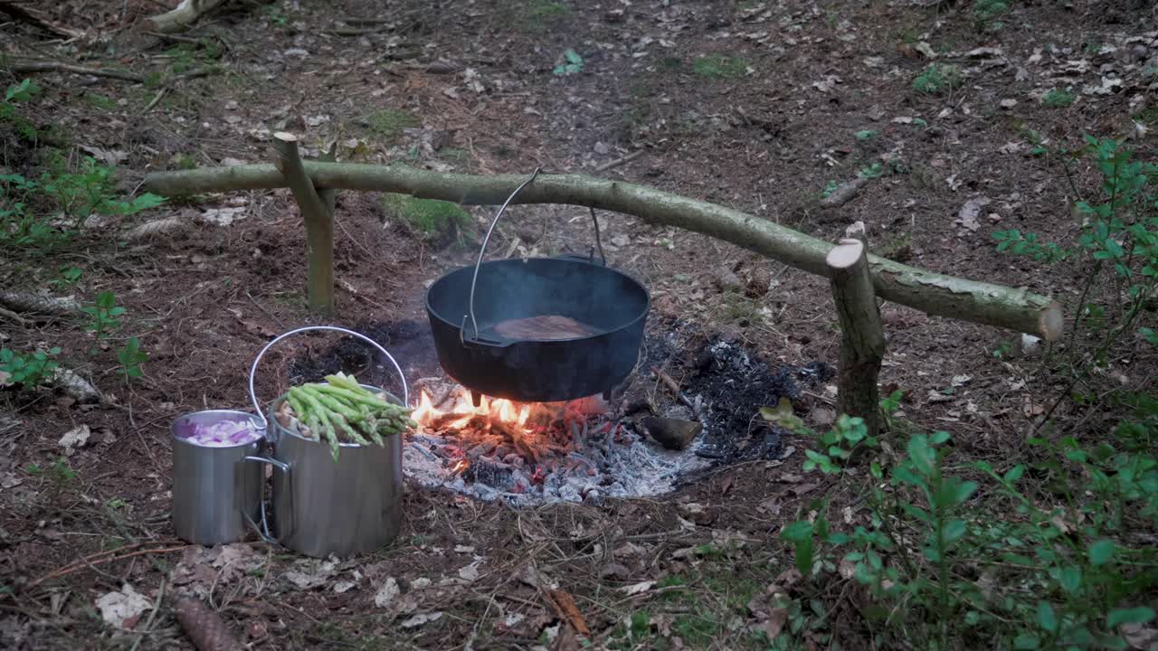 불을 사용하여 자연에서 요리하는 슬로우모션 부시크래프트, 핸드헬드