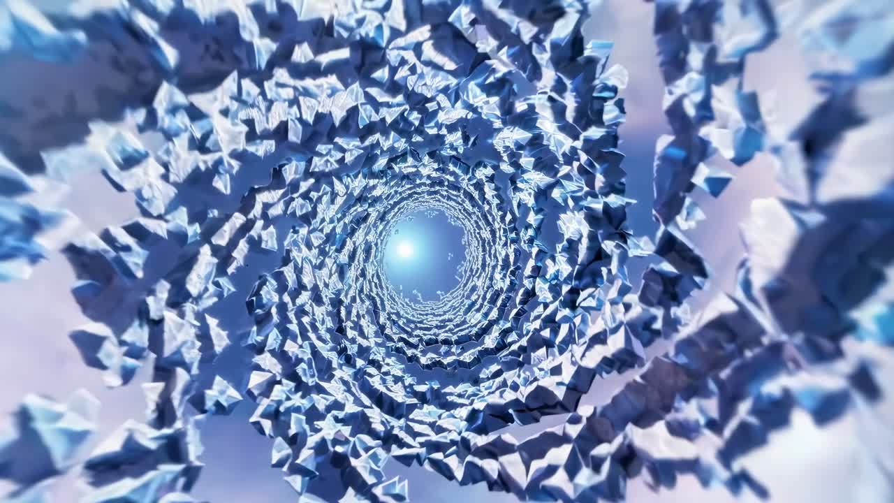 Dynamic spiral motion sequence showcasing a swirling vortex of crystalline shapes, creating a mesmerizing visual flow and depth perception in a captivating scene