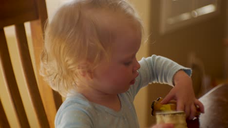 adorable two-year old girl playing with her toys at the kitchen table - close up