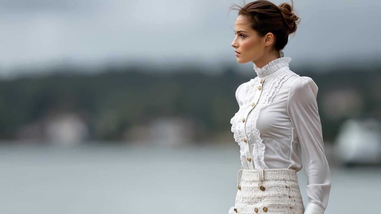 Sophisticated young woman in elegant vintage style blouse standing near water on an overcast day