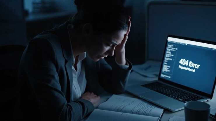 Frustrated businesswoman facing 404 error on laptop