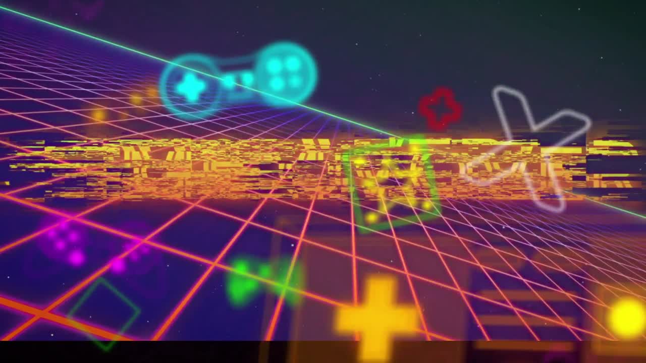 네온 아이콘과 선 위에 텍스트 위에 게임의 애니메이션