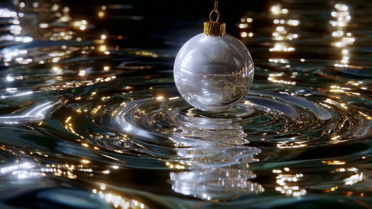 A Captivating Sequence of a Shimmering Christmas Ornament Floating in a Glimmering Pool of Water, Capturing the Enchantment of Reflections and Light as it Swirls Around Majestically