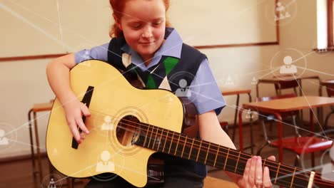 Animation-Des-Netzwerks-Von-Verbindungen-über-Ein-Schulmädchen,-Das-Mit-Gitarre-Spielt