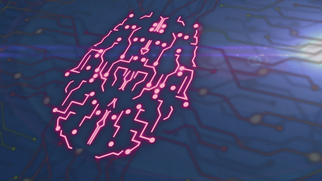 Animation of glowing red data transferring over lights and communication network on dark background