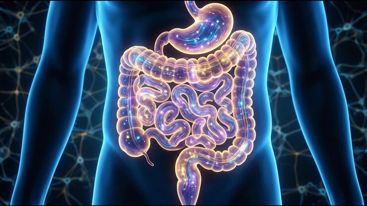 Human Digestive System Anatomy Visualization With Highlighted Gastrointestinal Organs