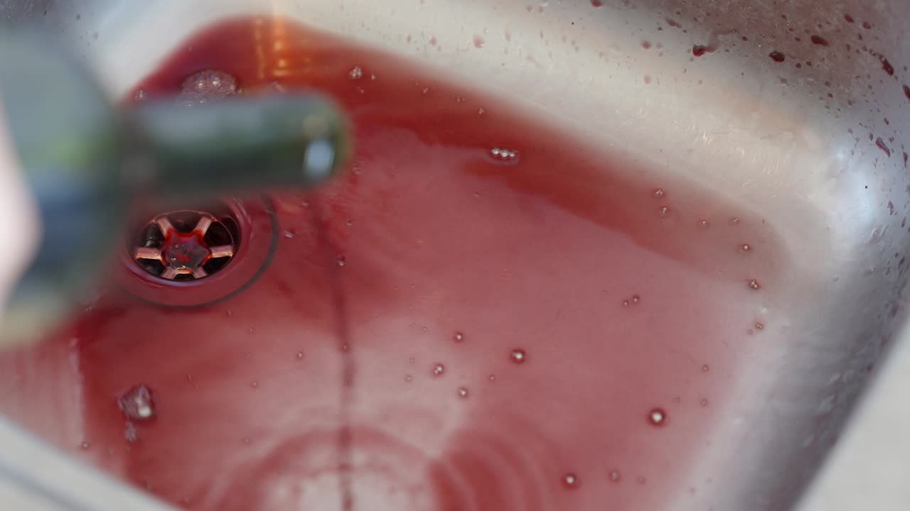 부엌 싱크대에 적포도주 한 병을 붓는 사람