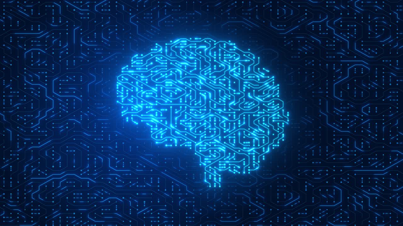 Glowing Blue Circuit Board Brain Futuristic Neural Network and Digital Technology Animation Background