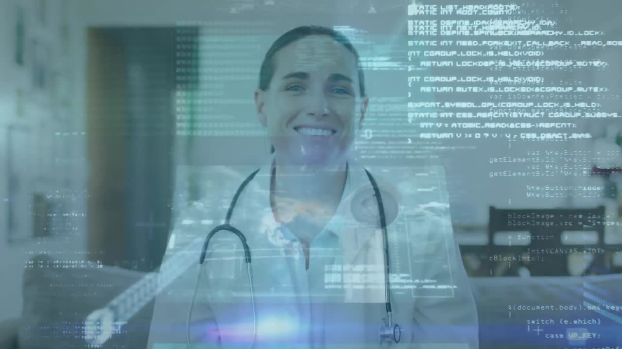 animación de procesamiento de datos digitales sobre una doctora caucásica