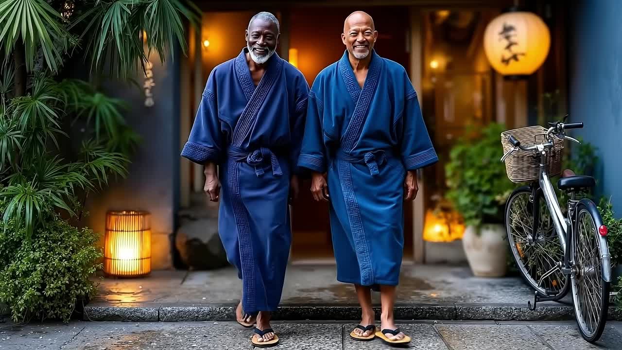Two men in robes walking down the street