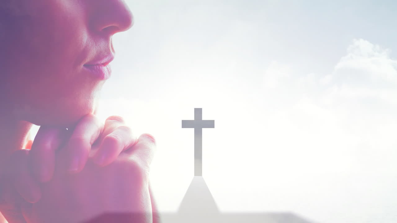 Praying with cross, person in silhouette against serene, soft background animation