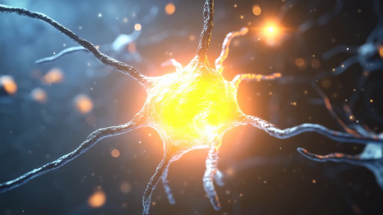 Close-up, dynamic angle of a neuron with glowing synapses, set in a digital, sci-fi style