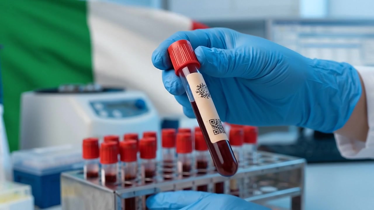 Laboratory Scientist Handling Test Sample Rack in Front of Italian Flag Background