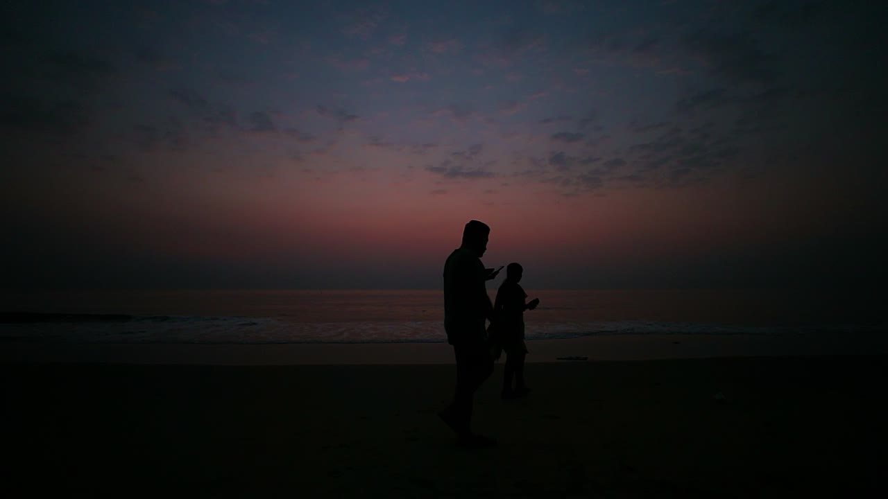 Silhouette of Couple Walking on Beach at Sunset