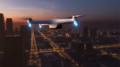 drone flying over an illuminated city at dusk