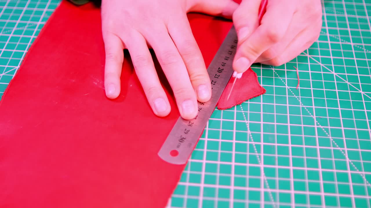 一个人用尺子测量皮革并仔细裁剪以供制作。此过程展示了项目皮革准备的各个步骤。