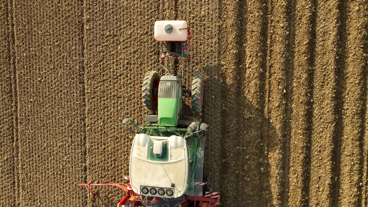 dos personas sembrando semillas de patata en un campo agrícola desde un tractor