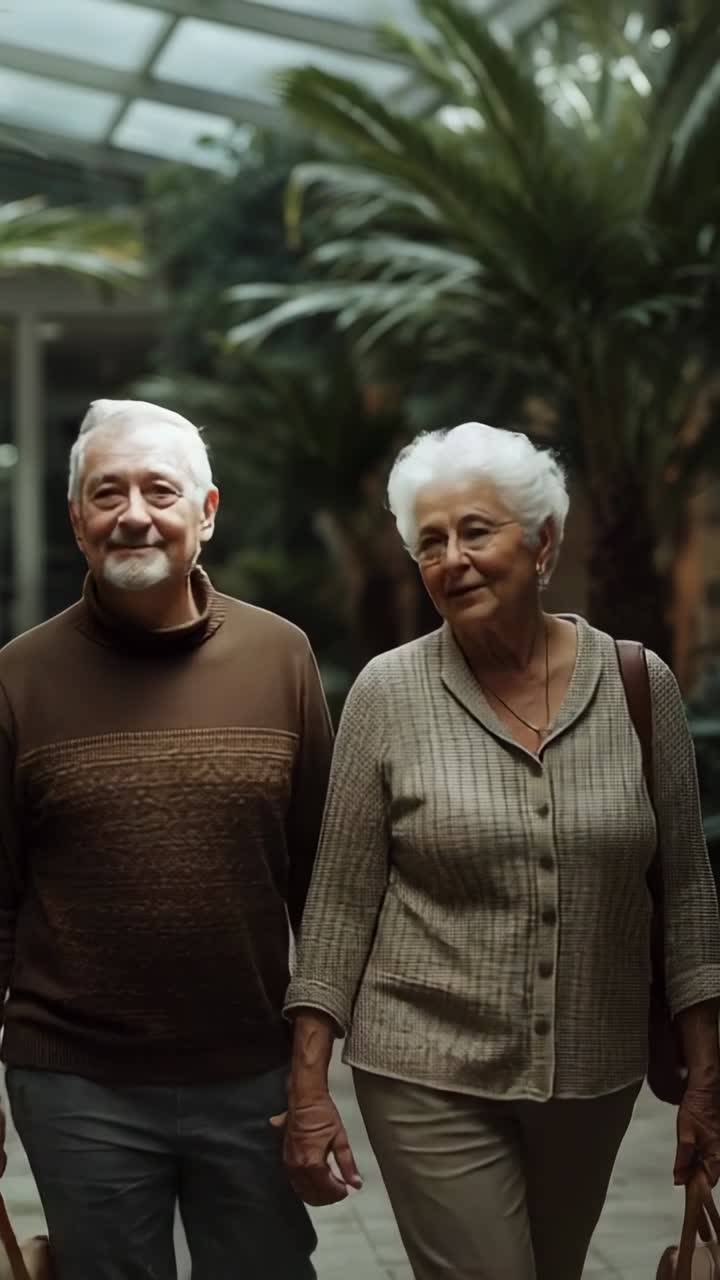 Vídeo vertical: Cámara siguiendo a una pareja de ancianos que pasean por un atrio de cristal marrón y beige llevando b