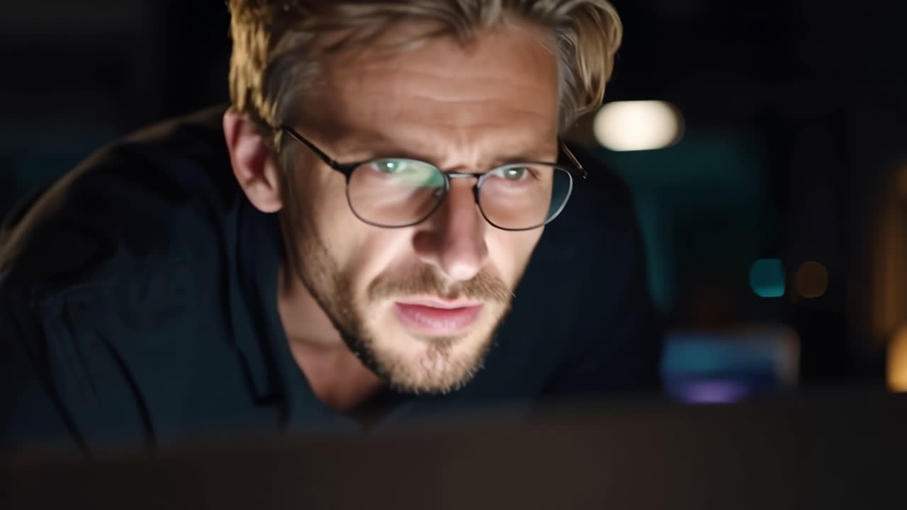 Fokussierte Intensität: Ein tiefer Einblick in Konzentration und Engagement an einem schwach beleuchteten Arbeitsplatz, der die Essenz moderner Produktivität und Achtsamkeit einfängt.