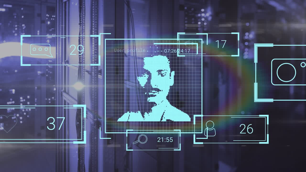 animación de los iconos de perfil y procesamiento de datos y destello de la lente del arco iris contra la sala del servidor