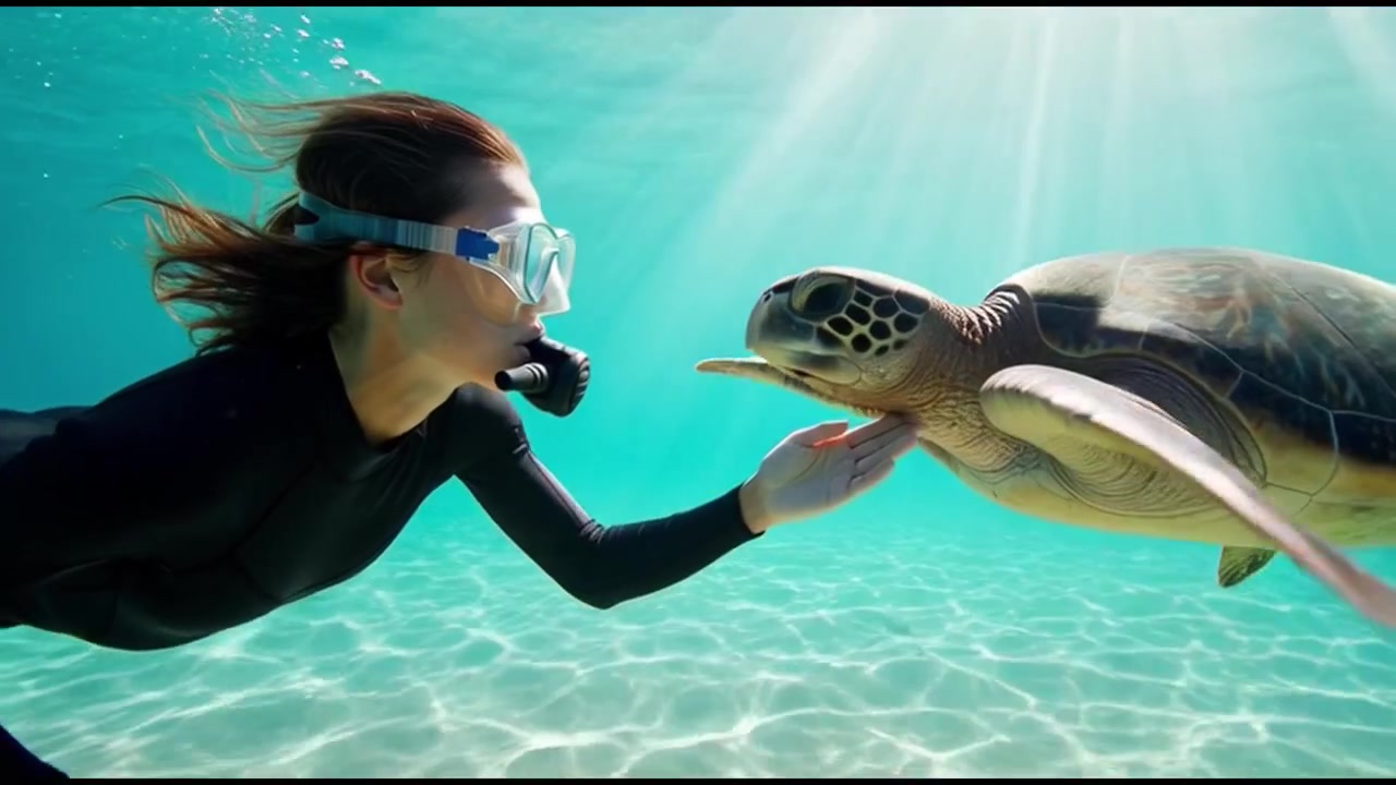 Woman Snorkeling and Interacting with a Sea Turtle Underwater