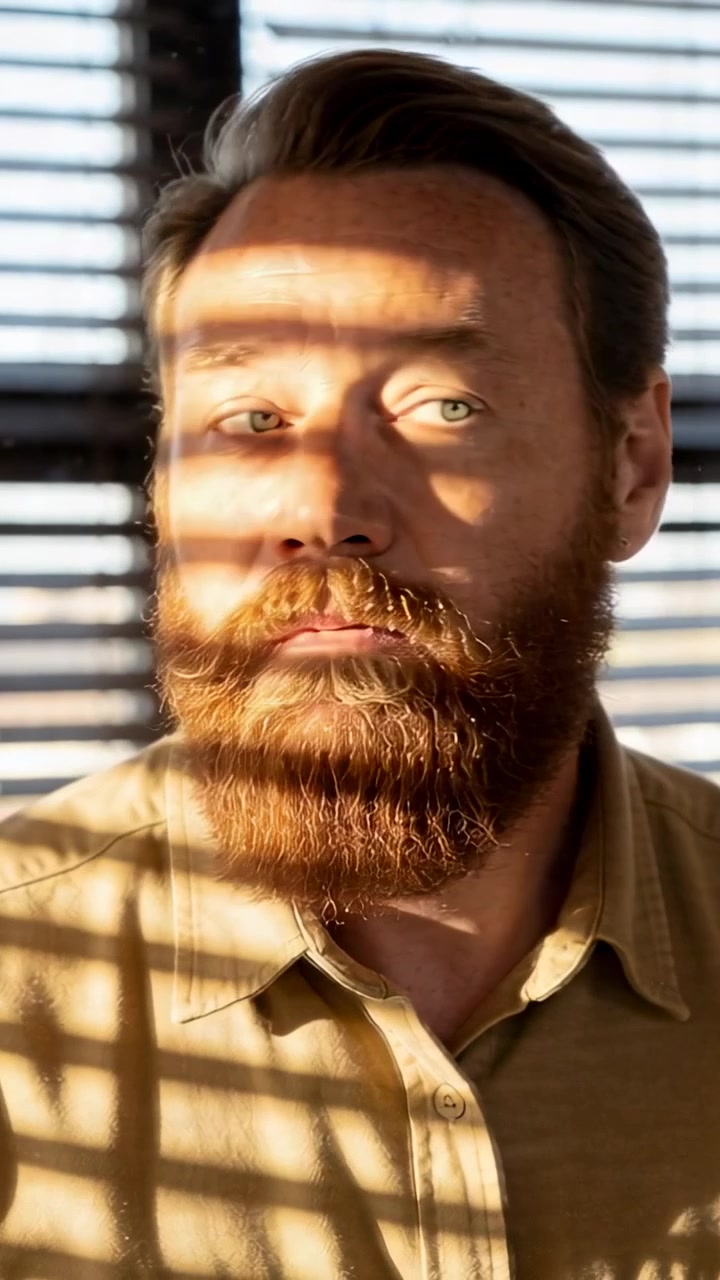 Vertical video: Turning bearded man reacting to blinds sunlight in room, striped shadow, tan shirt