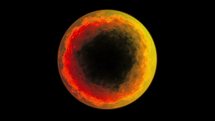 Sfera di fuoco astratta e luminosa che pulsa su sfondo nero