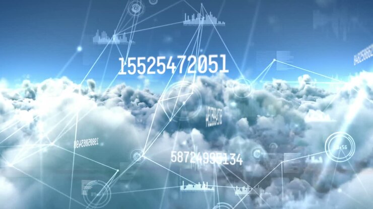 Animation of numbers and web of connections over clouds and sky