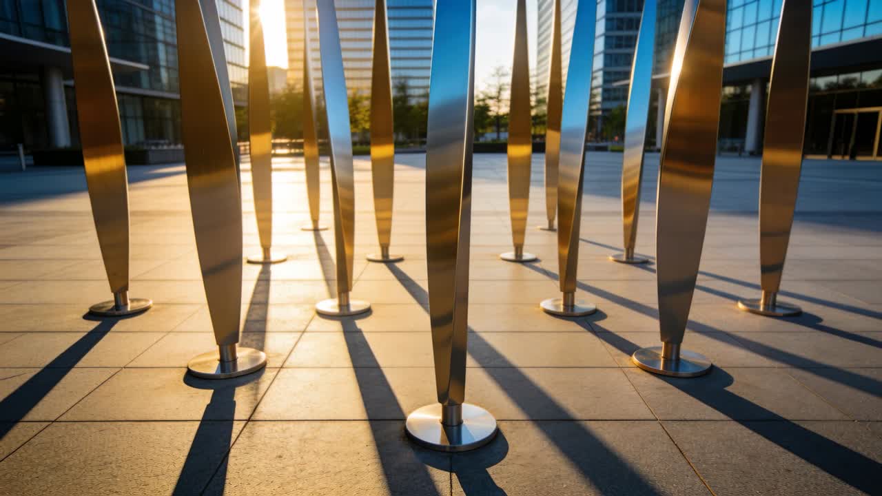 Sole basso in movimento che fa riflettere la luce sulle lame di metallo lucidato e proietta lunghe ombre sulla piazza