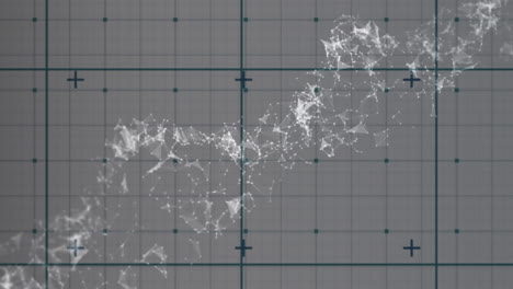 animation of rotating particle structure over grid on grey background