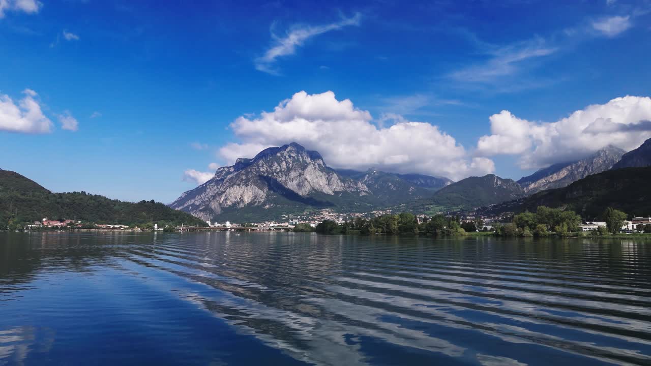 Fly over Lake Garlate towards Lecco, Italy