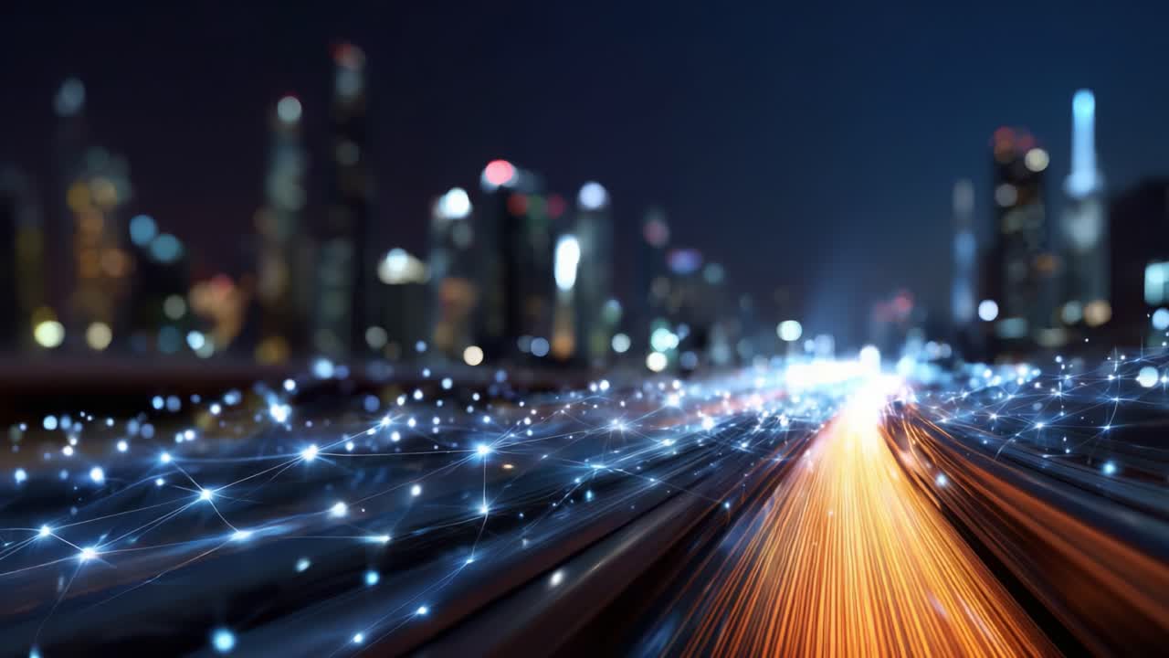 Scena urbana dinamica che mostra vivaci scie luminose, connessioni tecnologiche e uno skyline cittadino che emana un’accattivante atmosfera moderna in immagini notturne.