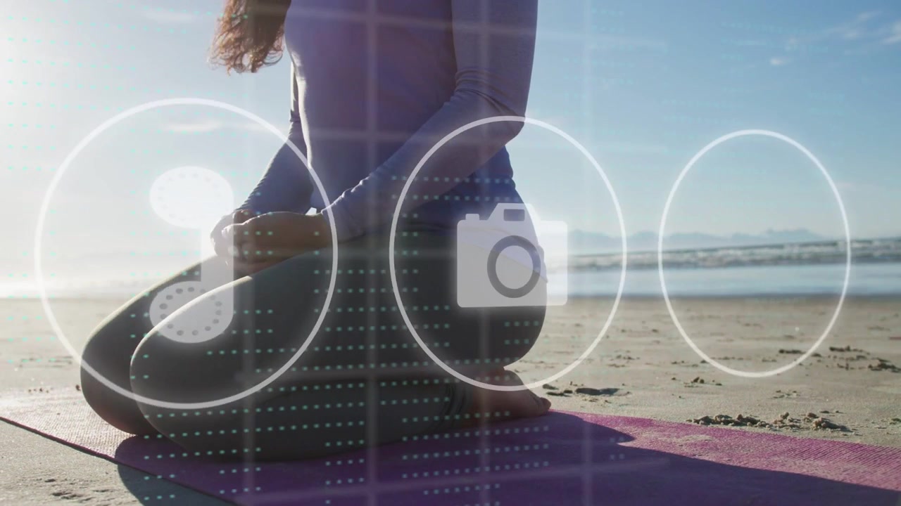 Woman kneeling on pink mat on beach, health UI starting left overlapping her showing phone icons