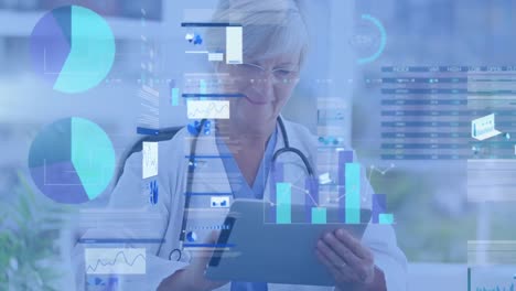 Animation-of-multiple-graphs-and-trading-board-over-smiling-female-caucasian-doctor-using-tablet