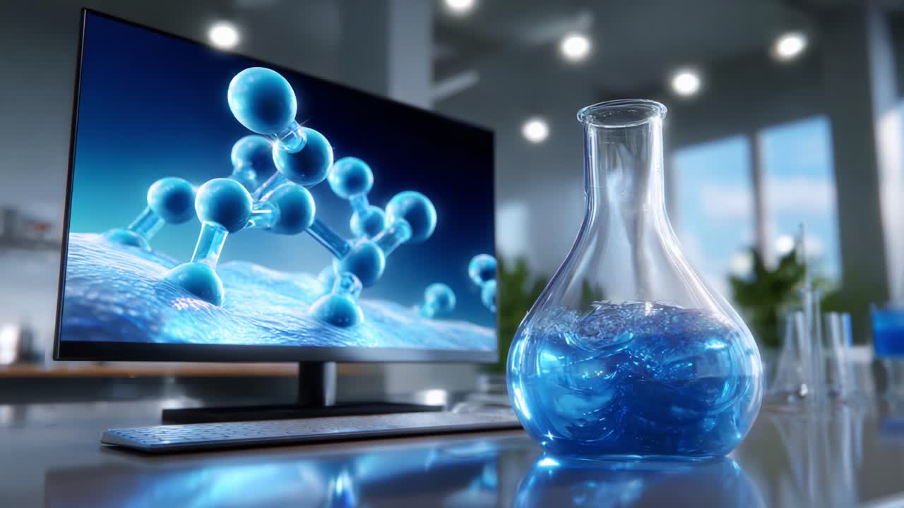 A captivating laboratory scene showcasing a futuristic monitor displaying molecular structures alongside a uniquely designed flask containing vibrant blue liquid, epitomizing scientific innovation and exploration