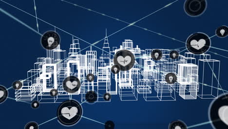 animación de corazones móviles digitales e íconos de luz que se interconectan con líneas sobre edificios giratorios