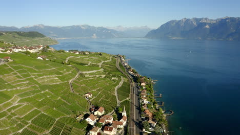 overflying the village of villette in lavaux vineyard terraces, on the shores of lake leman, switzerland - aerial drone shot