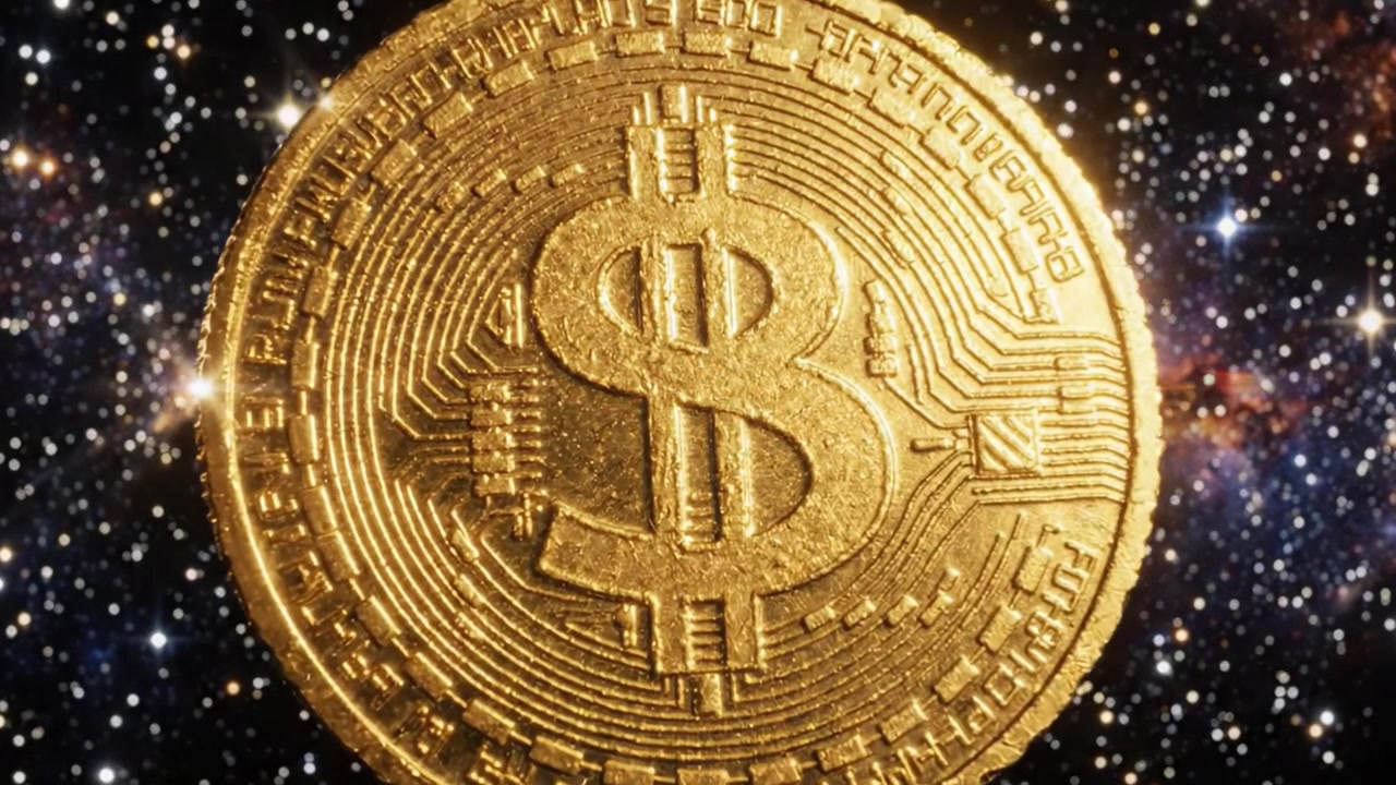 Uma Representação Artística de uma Moeda de Criptomoeda Dourada Suspensa em um Espaço Celestial com Estrelas e Galáxias, Simbolizando a Inovação Financeira Digital e Futuros Investimentos
