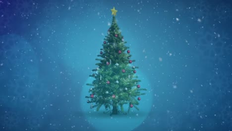 Animation-of-decorated-christmas-tree,-snow-falling-and-light-spots