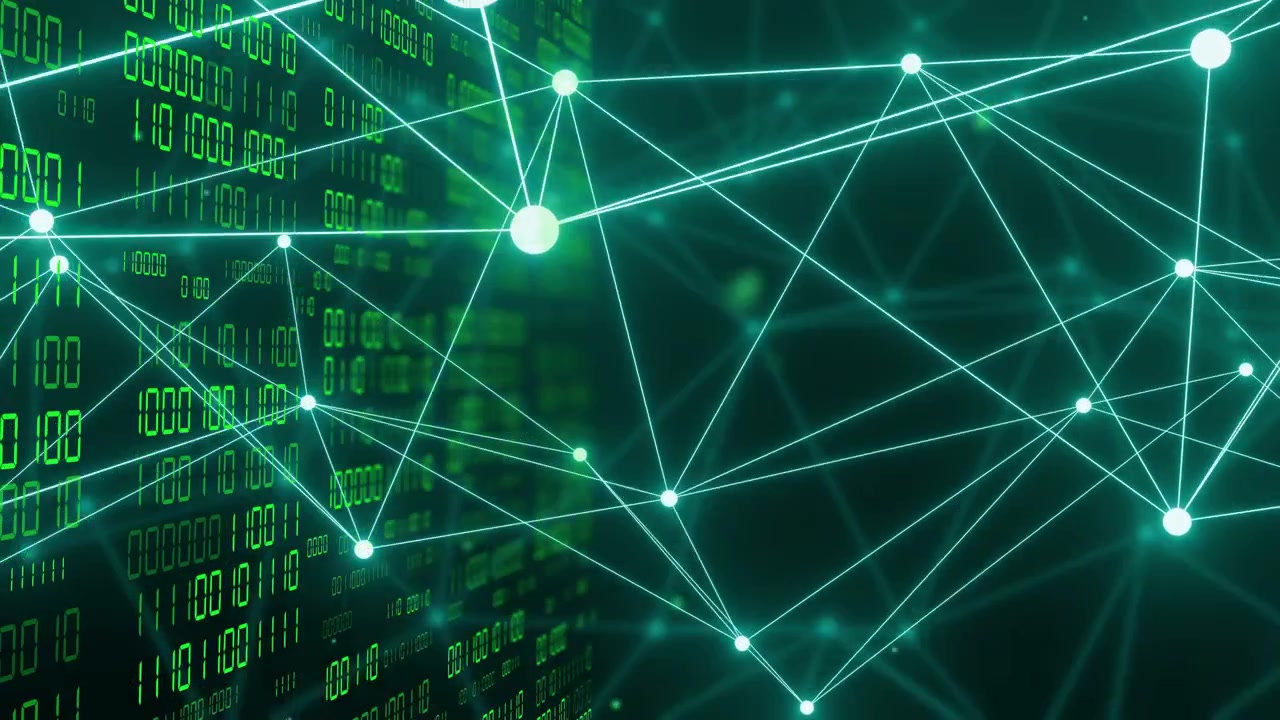 Network mesh drifting as camera pan-zoom, nodes pulsing into main node, left binary showing data