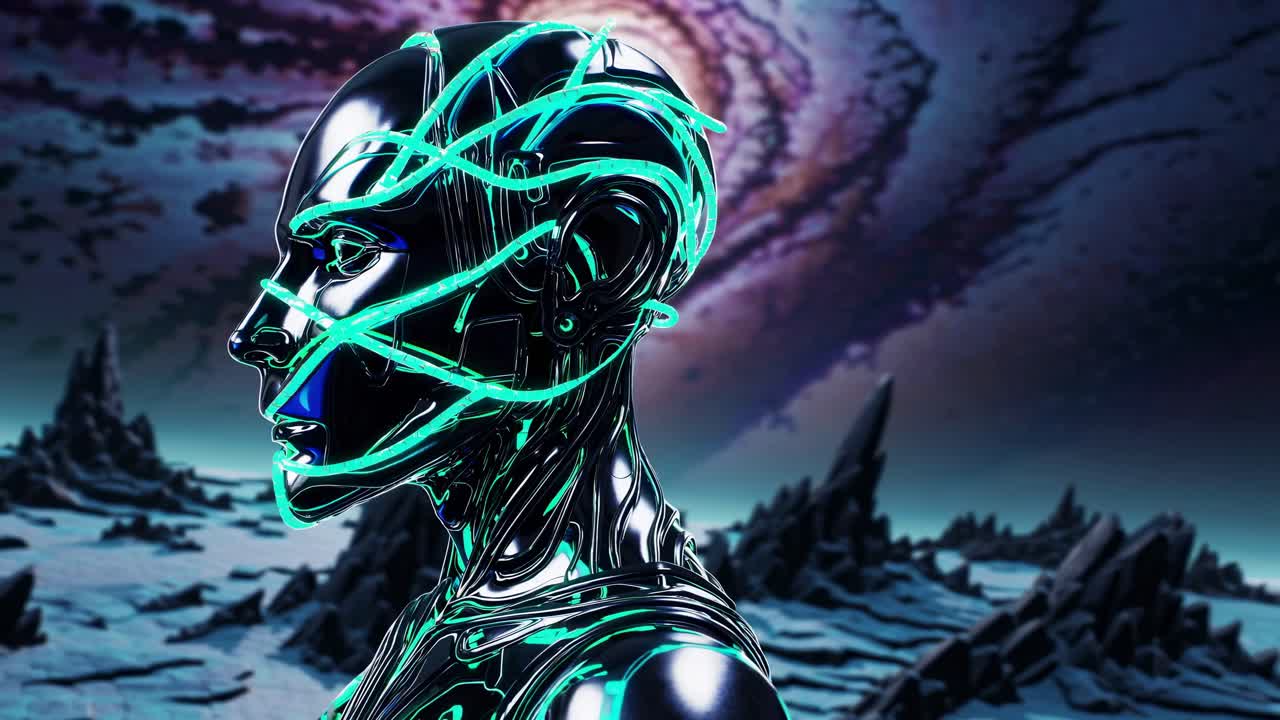 Futuristic Robot Profile in Alien Landscape