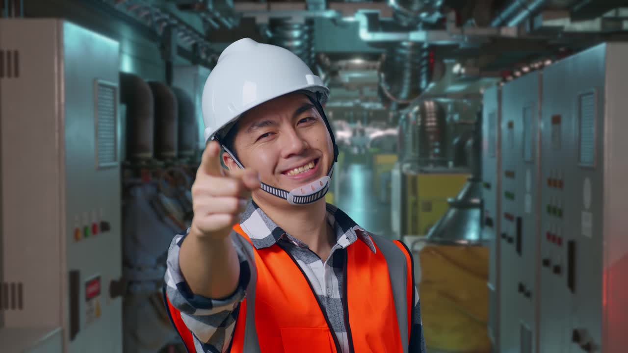 Close Up Of Asian Male Engineer With Safety Helmet Smiling And Touching His Chest Then Pointing At You While Standing In Engine Control Room, Work Of Electrical Generators
