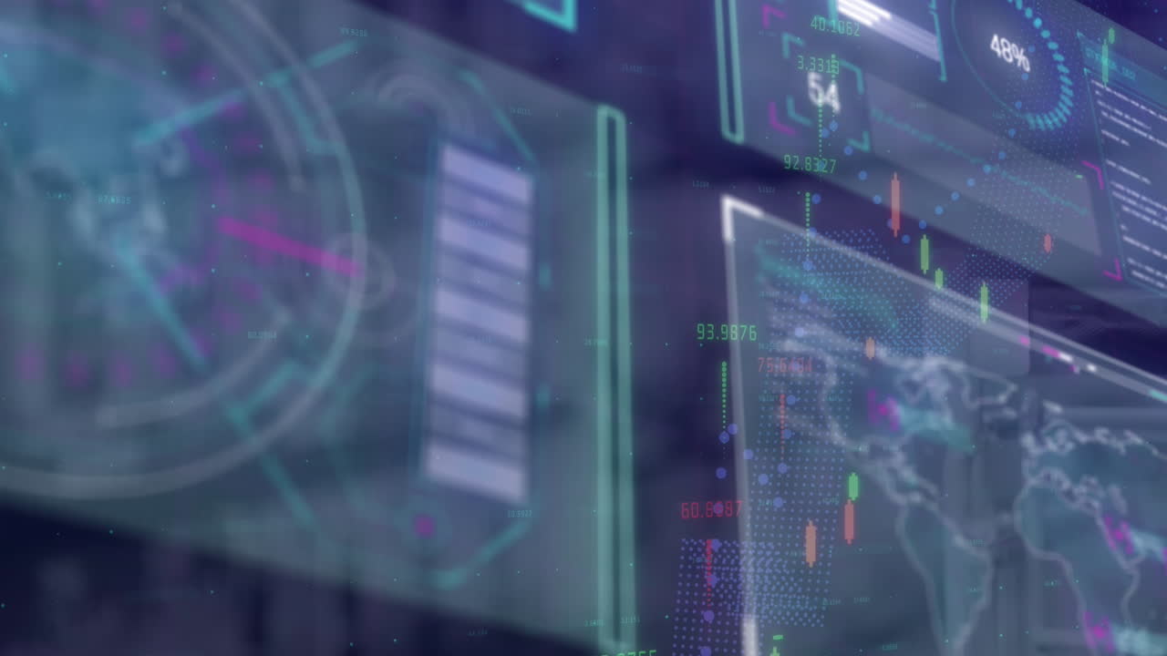 Animation of financial data processing on blue background