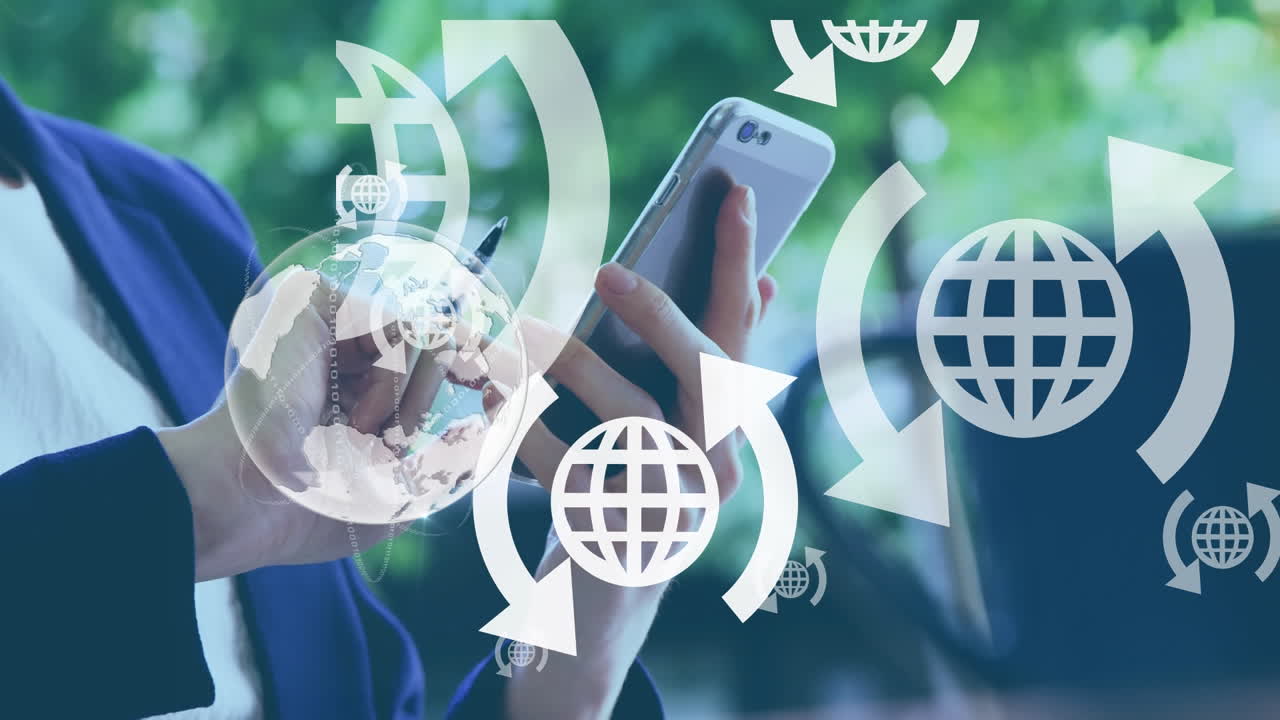 animación de iconos del globo sobre mujer caucásica usando teléfono inteligente