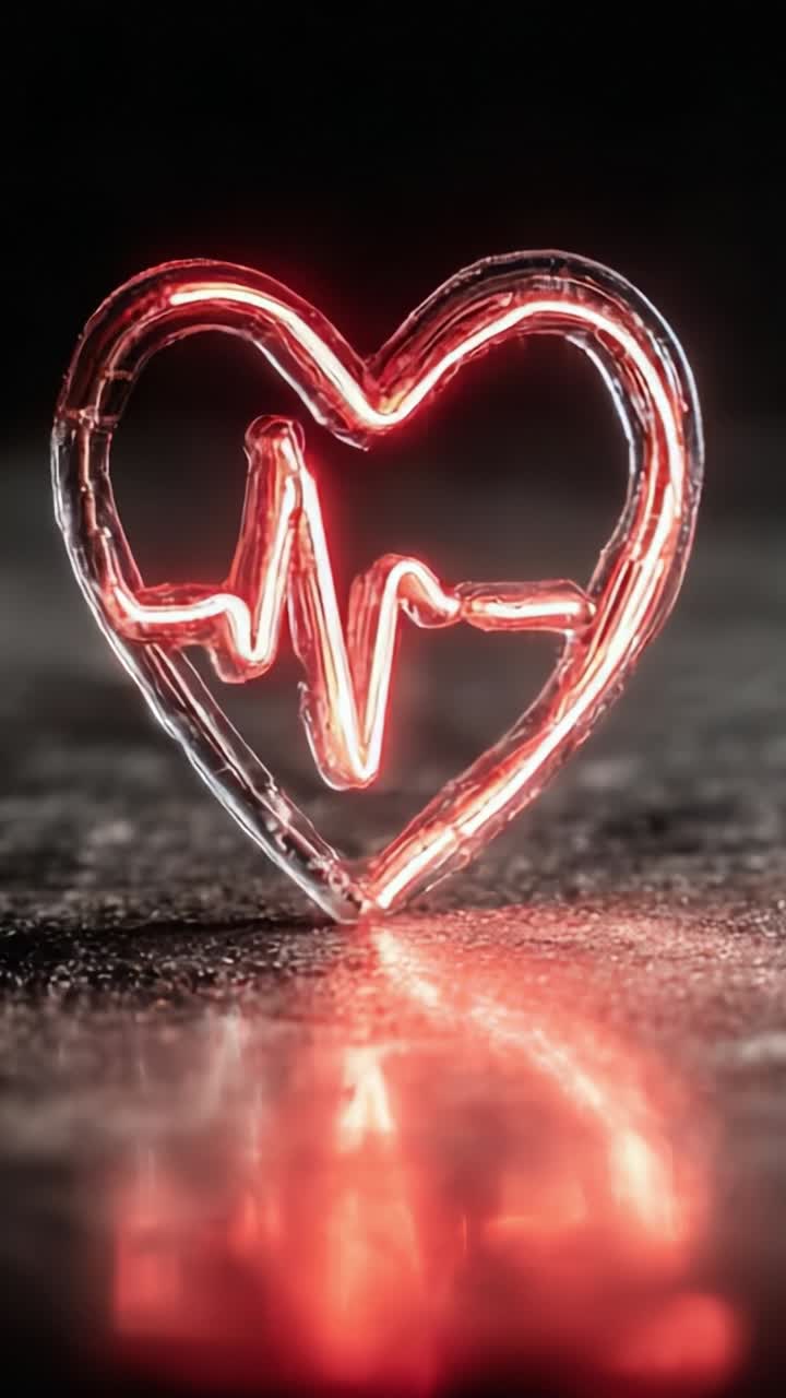 A Glowing Heart Pulse: Vibrant Neon Heartbeat Design with Illuminated Love Symbol on a Reflective Surface Emphasizing Health and Emotion