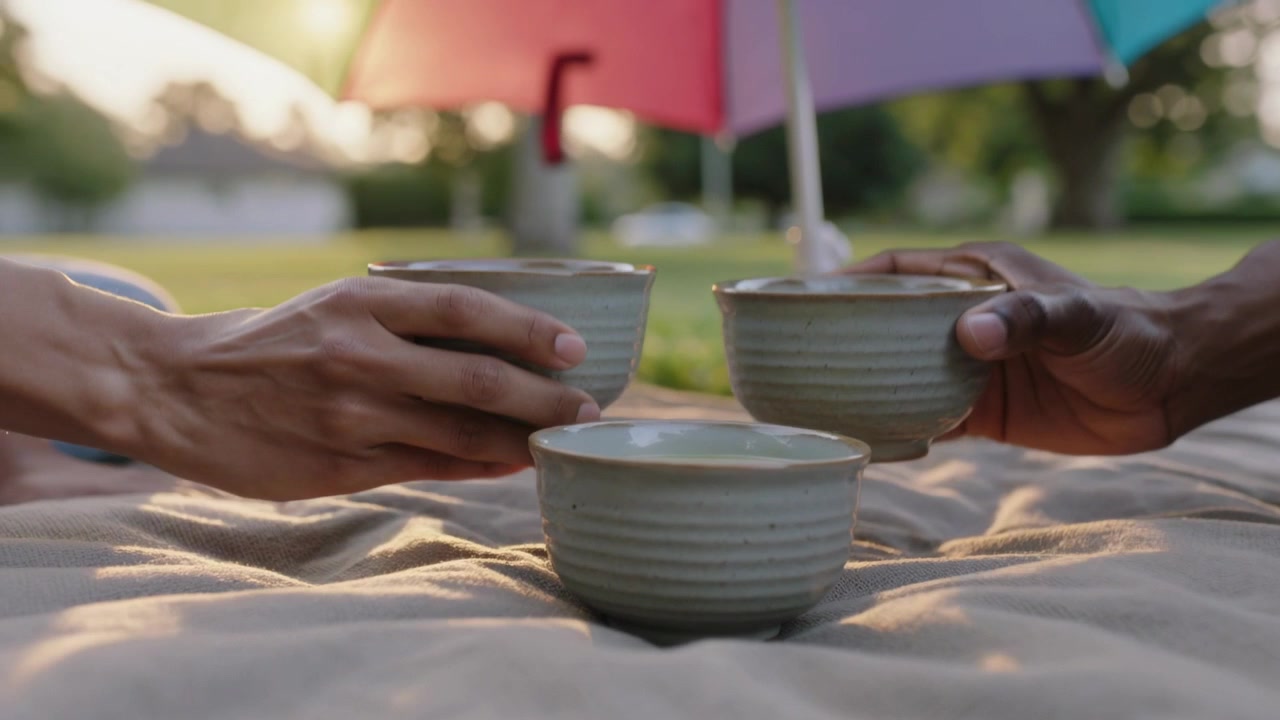 Opening adults' hands lifting ceramic bowls to clink on picnic mat under bright umbrella in park